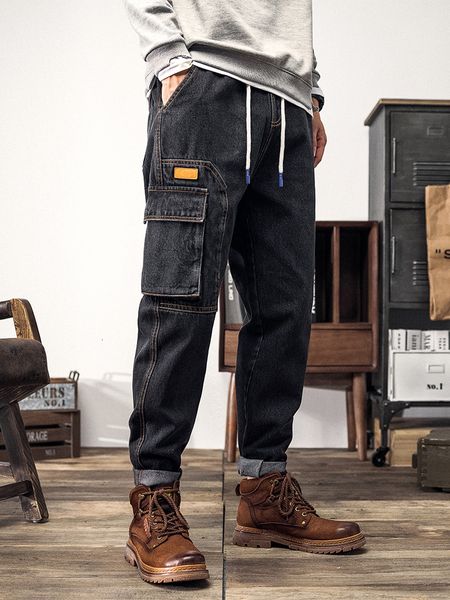 

men's jeans spring summer big pocket cargo jeans men wide leg stretch cotton denim pants plus size ankle length casual jean trousers 8x, Blue