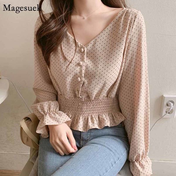 

womens blouses shirts elegant front buttons slim waist ruffles female vintage vneck flare sleeve polka dot women blusas 6602 50 230302, White