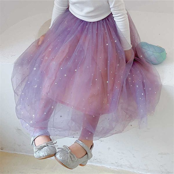 

skirts 2022 summer autumn new korean style girls fashion purple star moon sequins princess soft tulle skirt 2-8years t230301, Blue
