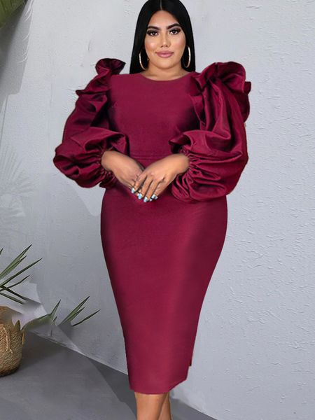 

plus size dresses burgundy midi dresses plus size 4xl o neck ruffles long lantern sleeve bodycon gowns outfits drop spring 230302, Black