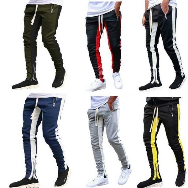 

men's clothing 2023 spring and autumn simple thin stripped color-blocking casual pants with feet double pockets multi-zip sports men, Black