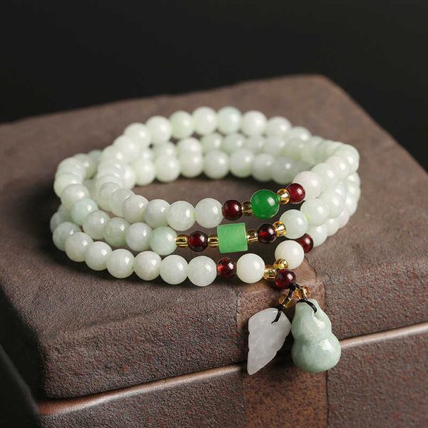 

natural a-cargo jadeite jade three circle bracelet with pearl dried green garnet gourd double pendant, Black