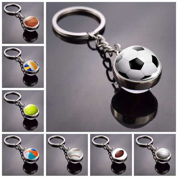 

key rings fashion glass ball keychain football basketball baseball volleyball tennis rugby softball picture glass pendant metal keyring r230, Slivery;golden