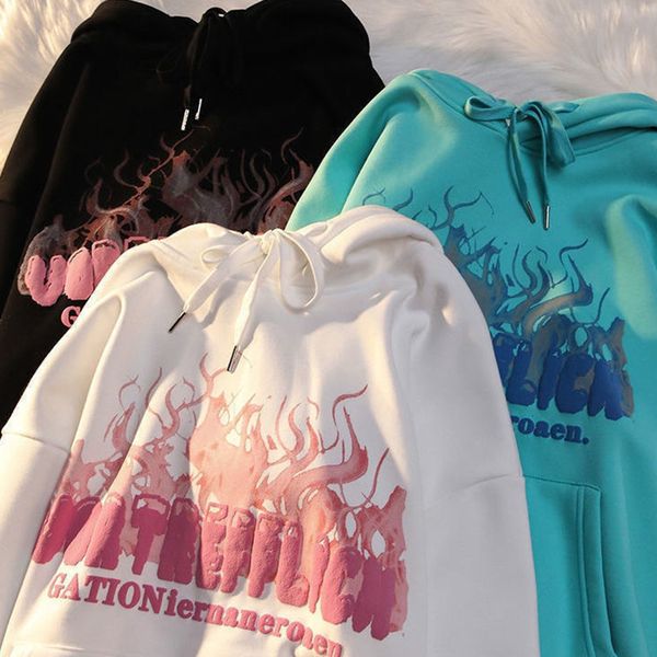 

women's hoodies sweatshirts y2k hoodie women men long sleeve pullover hooded korean clothing fashion flame printed sweatshirt autumn wi, Black