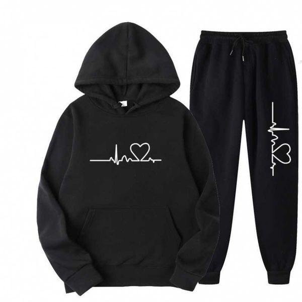 

men's clothing autumn and winter 2022 new women's fashion love printing fleece sports suit, Black