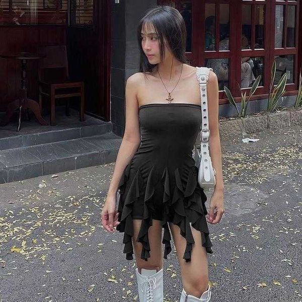 

graceful tube dresses ruffled ribbon hip skirt style slim fit slimming, Black;gray