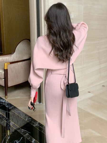 

two piece dress winter pink elegant sweater set women loose warm knitted suit female bow casual korean fashion chic 230302, White
