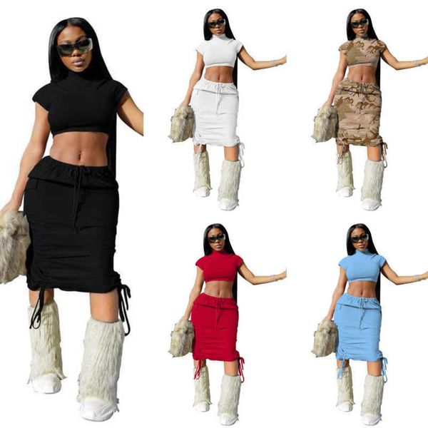 

designer casual women dresses tracksuits pocket short sleeve long two piece sets print high elastic, White