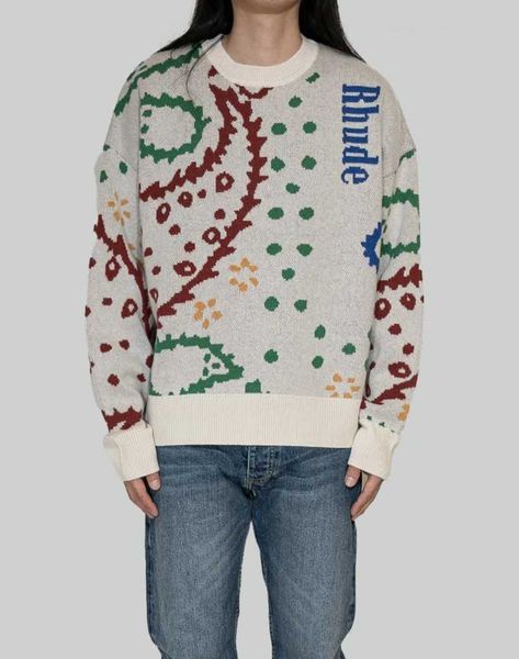 

23ss cashew flower embroidery rhude sweater men women eu size 100% cotton rhude sweatshirt streetwear autumn winter haikyuu, White;black