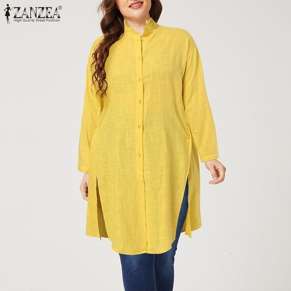 

womens blouses shirts zanzea women stand collar long shirt autumn long sleeve buttons down cotton blouse casual loose blusas plus size solid, White