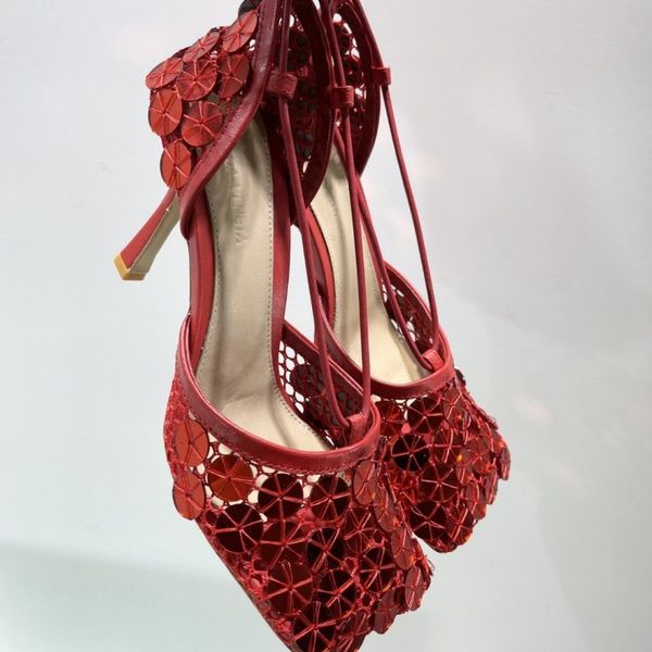 

new summer crystal decorative high-heeled sandals luxury designer hollow wedding party shoes 9.5cm leather mesh square toe ring lace women&#, Black