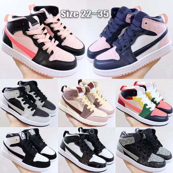 

1 1s mid kids basketball shoes fashion babys sneakers atmosphere diamond shorts multi-color canyon infant sports trainers size 22-37.5, Black