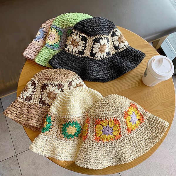 

wide brim hats bucket hats japan korea crochet beach straw hat women summer flowers pure handwoven hat sunshade fisherman hat breathable buc, Blue;gray