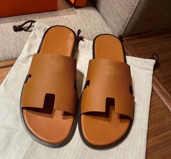 

23s summer luxury izmir sandals shoes calfskin leather men slippers slip on beach slide flats boy's flip flops sandalias eu38-46.origin, Black