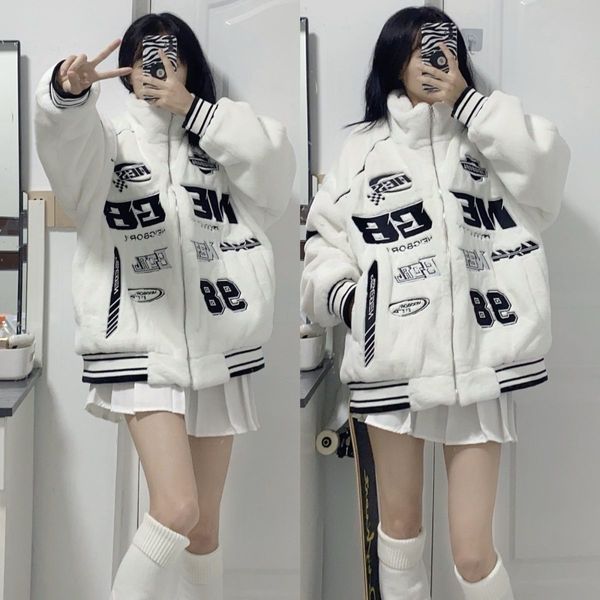 

womens jackets harajuku fashion racing clothes imitation rabbit fur coat loose winter couples plush thickened goth y2k jacket 230302, Black;brown