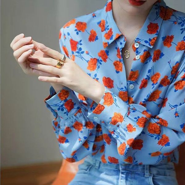 

autumn office lady printing chiffon turndown collar long sleeve blouse women clothes fashion floral loose buttons shirts 230302, White