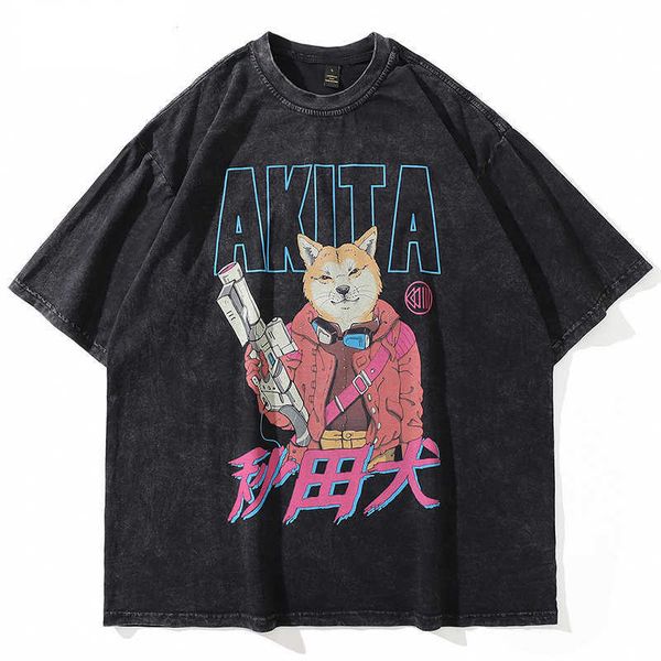 

men's t-shirts retro washed t-shirts hip hop streetwear akita inu graphic print t shirt cotton oversized men 2022 summer fashion t-shir, White;black