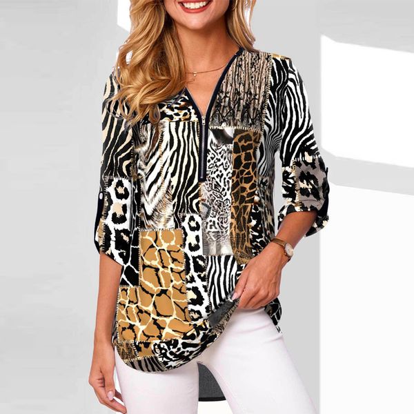 

womens blouses shirts vintage leopard women shirt fashion v neck zipper loose female blouse spring adjusted long sleeve casual pullover stre, White