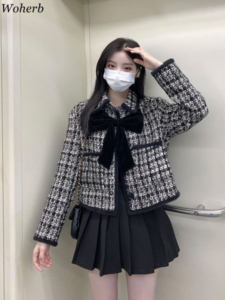 

womens jackets woherb spring autumn vintage tweed coat women elegant temperament chic cropped longsleeved ropa para mujer 230302, Black;brown