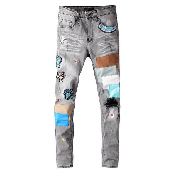 

mens jeans street style pants fashion patch straight trousers men casual wear zipper denim long 6 model high qality236d, Blue