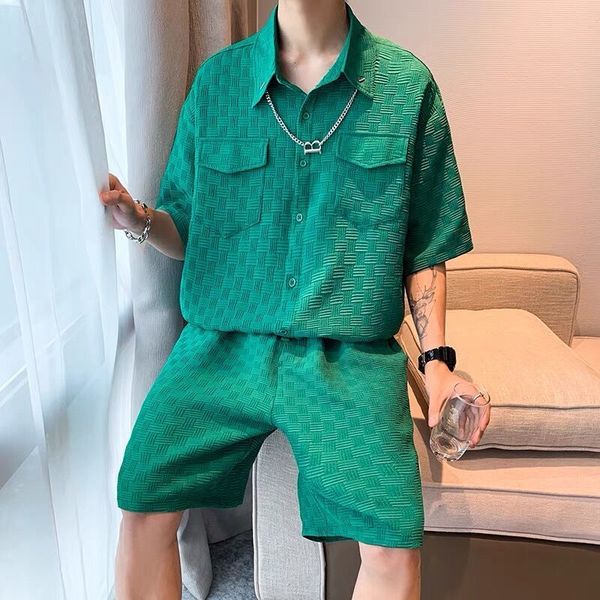 

mens tracksuits summer men plaid shorts sets korea fashion short sleeve shirts shorts handsome 2 piece set mosaic casual chic sportswear 230, Gray