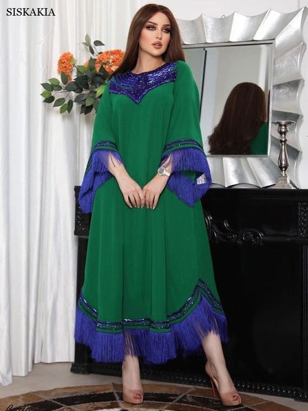 

casual dresses siskakia ethnic abaya dress for women sequined fringed trim patchwork loose casual arab muslim robe green 5xl summer 230302, Black;gray
