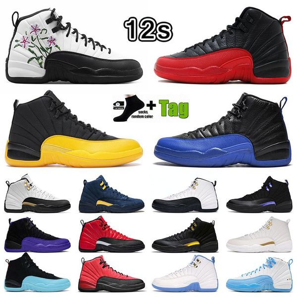 

authentic basketball shoes jumpman 12smen women sneakers outdoor trainers gs floral flower flu game university gold-black game royal black p