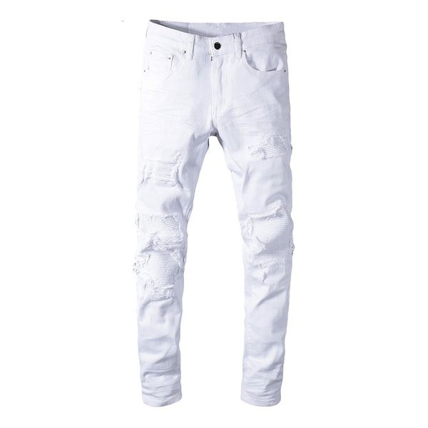 

men's jeans sokotoo men's white stretch ripped biker jeans slim skinny pleated patchwork denim pants 230302, Blue