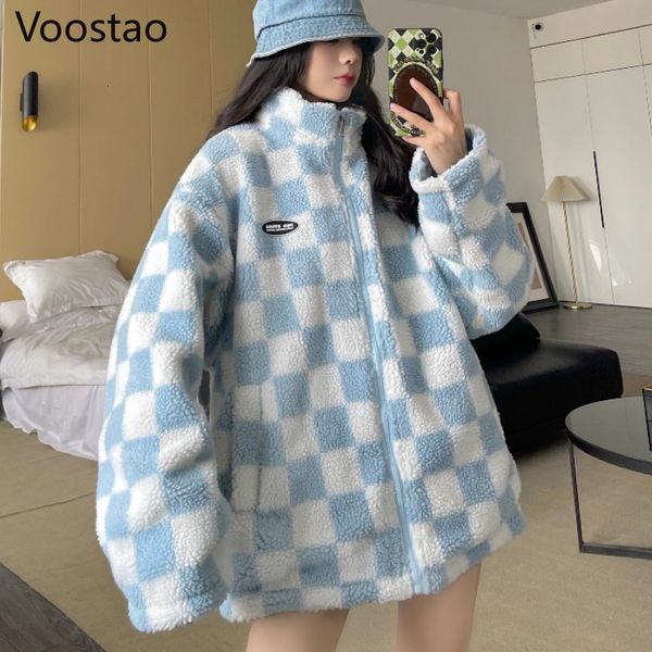 

women's jackets autumn winter thicken warm checkerboard plaid lamb wool wear on both sides coats female harajuku stand collar outerwear, Black;brown