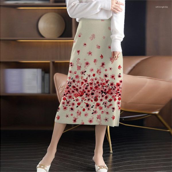 

skirts autumn winter hight waist elegant wrap hip with side slit women skirt fashion butterfly printing vintage, Black