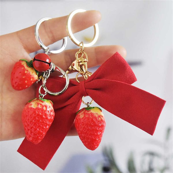 

key rings strawberry pendant keychain red bowknot keyring for women girl jewelry simulated fruit cute car key holder friend gifts r230301, Slivery;golden