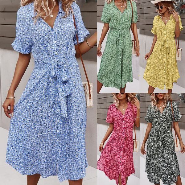 

women beach boho summer dress 2023 vintage floral high waist short sleeve dresses button v-neck holiday style female vestidos, White;black