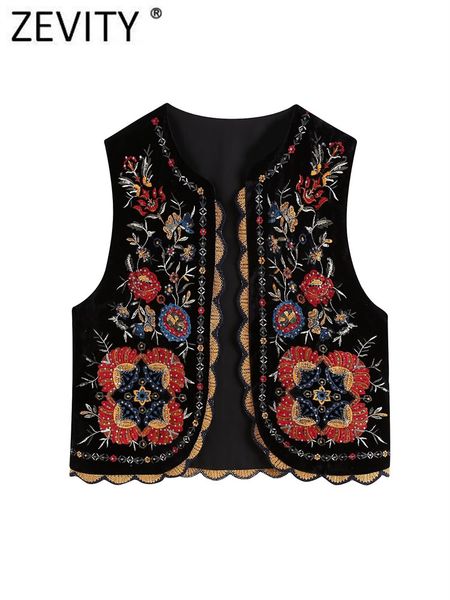 

women's vests zevity women vintage sequins flower embroidery vest jacket ladies national style patchwork casual velvet waistcoat ct297, Black;white