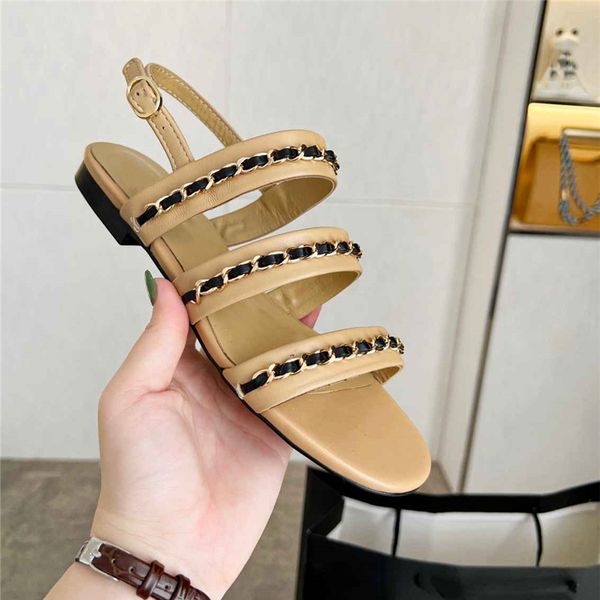 

luxury design sandals 2023 fashion channel women summer high heels leather cross lace up student casual slippers 07-029, Black