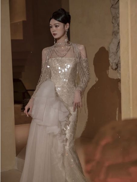 

luxury evening dresses sequined strapless ruffle princess vintage mermaid long woman party half sleeve high-end prom gowns new, Black;red