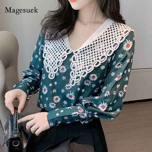 

womens blouses shirts autumn fashion french daisy spliced doll collar puff sleeve women blouse print button pullover chiffon shirt blusas 11, White