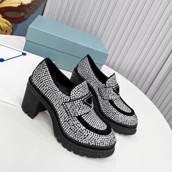 

crystal platform shoes round apron toes slip-on loafers for women luxury designers triangle logo plaque chunky block heel shoe luxe lounge f, Black