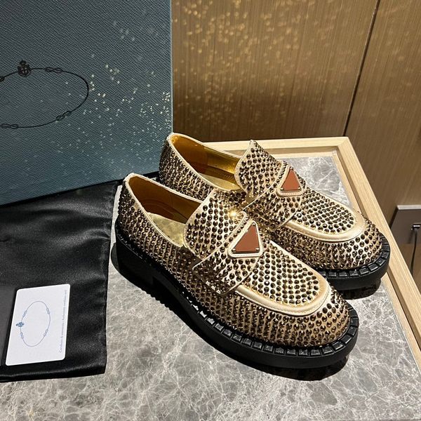 

crystal embellished platform shoes apron toes slip-on loafers women luxury designer triangle logo plaque chunky block heel shoe luxe lounge, Black