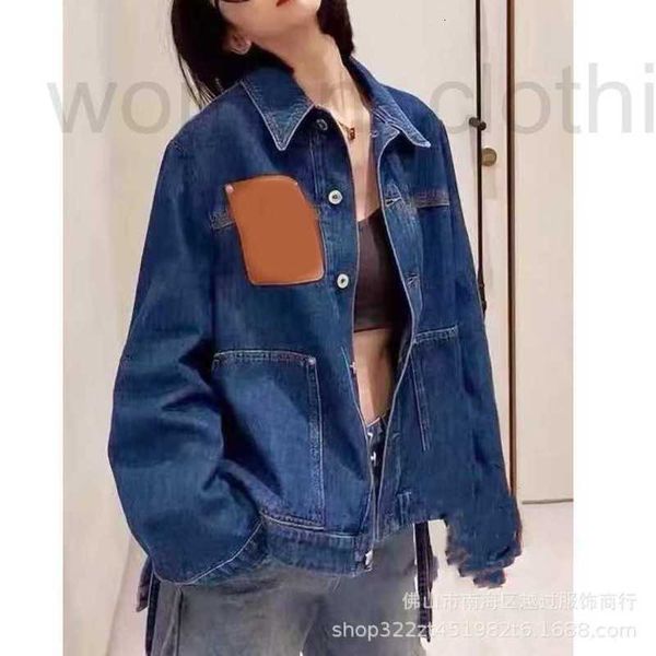 

women's jackets designer washed blue leather label panel lapel long-sleeved buttoned denim jacket 22ss new autumn casual lksd, Black;brown