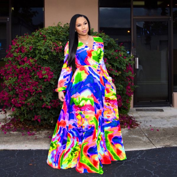 

plus size dresses fashion chiffon print lace up boho plus size dress loose beach long sleeve high waist maxi dress fall womens 5xl 230302, Black