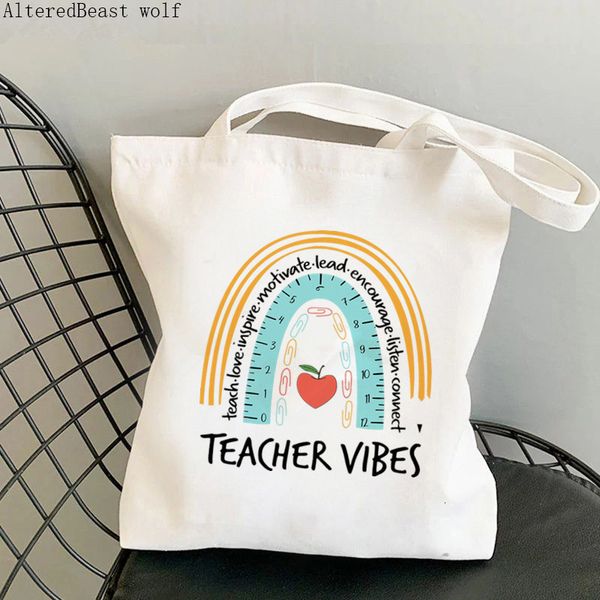 

shopping bags women shopper bag teacher vibes rainbow essential harajuku shopping canvas shopper bag girl gift handbag tote shoulder bag 230