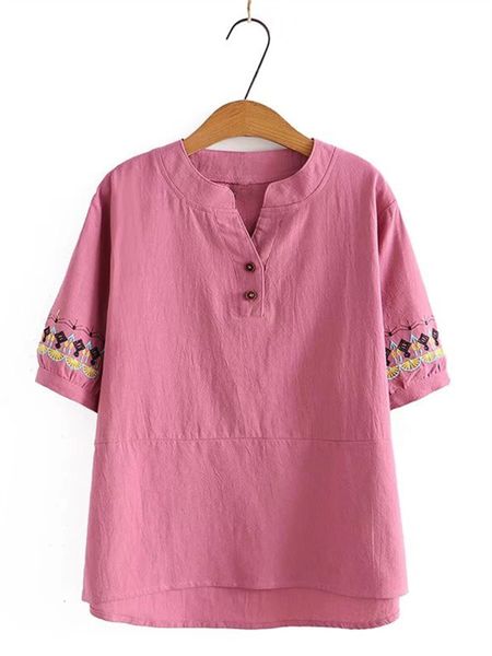 

womens blouses shirts plus size clothing for summer short sleeve chinese style embroidery pattern cotton fabric large size shirt fit busty l, White