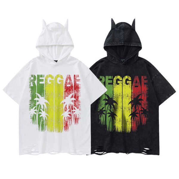 

summer hip-hop hoodies designer hooded t-shirt male american devil wind short sleeve tee high version, White;black