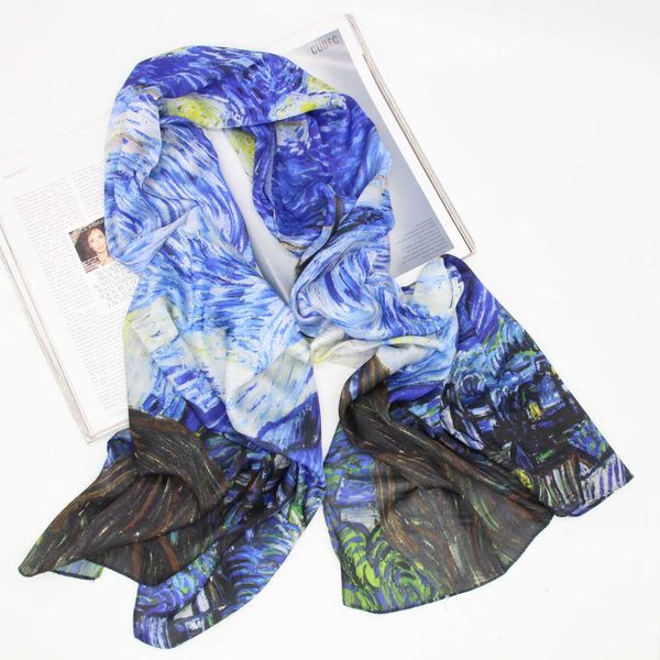 

scarves italian fashion women designer klimtvan gogh oil digital painting silk scarf shawls foulard bandana women wraps scarfs ll190202 l230, Blue;gray