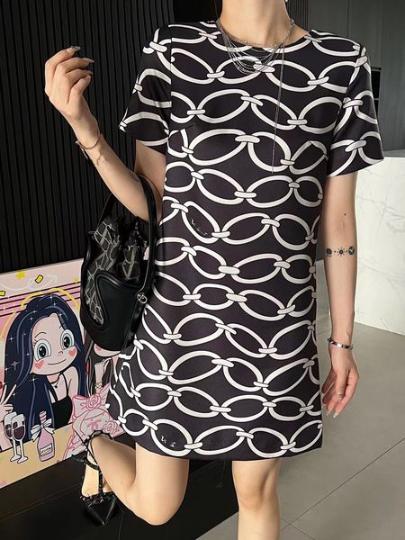 

women dress fashion slim classic pattern printing straight short sleeve dress 23ss dresses summer womens clothing simple 2 colors, Black;gray