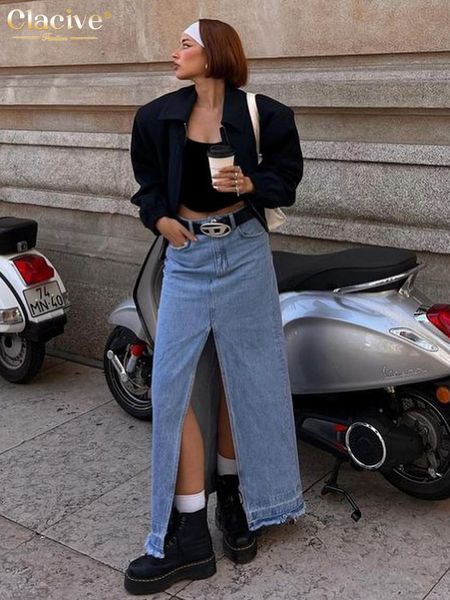 

skirts clacive fashion blue denim for women elegant high waist slit long skirt streetwear casual chic faldas female clothing 230302, Black