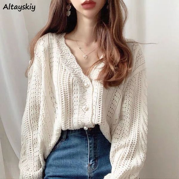 

women's knits tees cardigan women elegant spring hollow out chic long sleeve loose v-neck feminine tender green white street outerwear