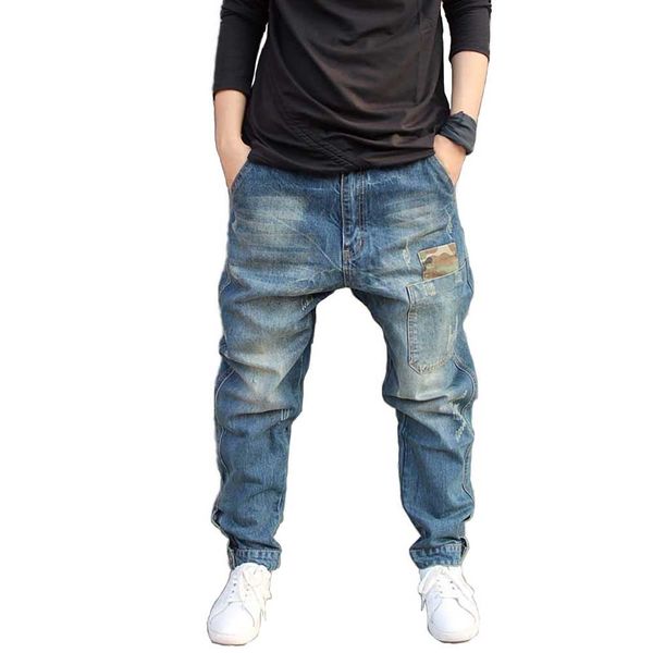 

men's jeans mens jeans casual joggers plus size hip hop harem denim pants camouflage patchwork quality trousers blue color male clothes
