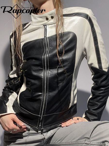 

women's jackets rapcopter y2k patchwork leather striped cargo punk coat biker moto grunge streetwear outwear women vintage korean 90s 2, Black;brown