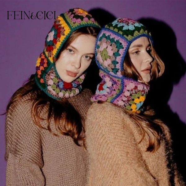 

beanieskull caps colorful wool knit balaclava granny winter warm wooden crochet square hoodie hat winter ski mask full face cover mask 0052, Blue;gray
